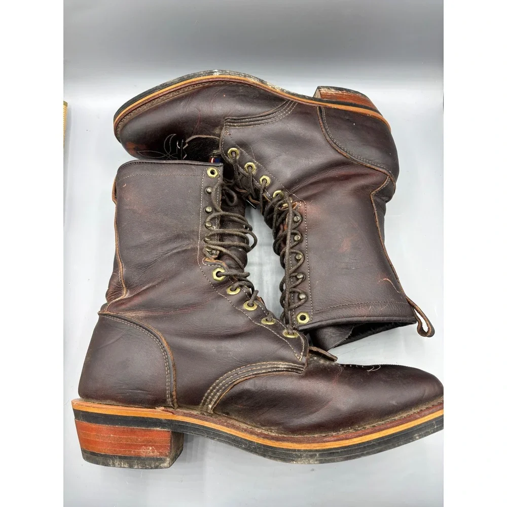 Chippewa Mens Brown Leather Kiltie Logger Boots USA Made 29416 Size 9.5